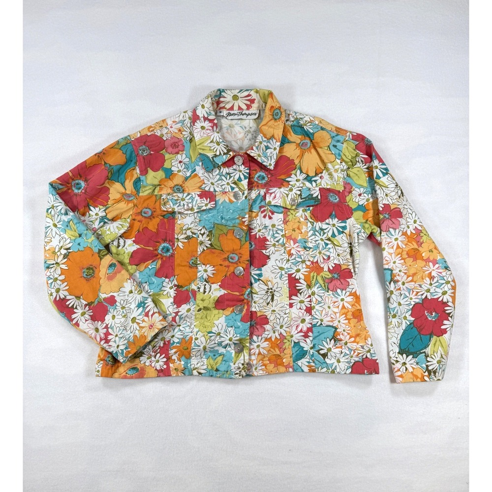 Norm Thompson Medium Jacket Floral Retro Cotton Button Front Pocket